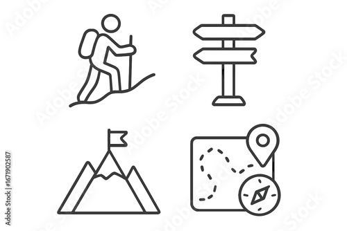 Hiking trail icon set with adventure, navigation signs, mountain flag, route map, and compass outline collection for outdoor exploration and travel concepts