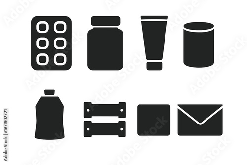 Product packaging vector icon set. Solid glyph symbols for e-commerce, logistics, and shipping. Includes blister pack, jar, tube, can, bottle, crate, box, and envelope icons.