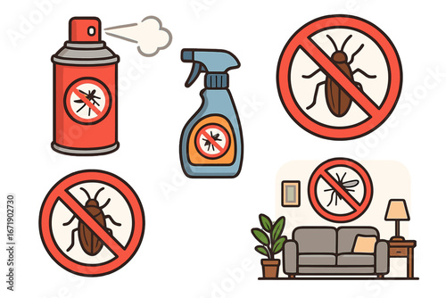 Vector illustration set of insect repellents and pest control warning signs for indoor home and household protection against bugs and insects
