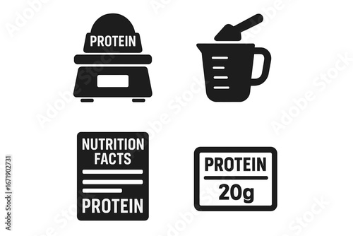 Protein measurement icon set. Nutrition facts, food scale, serving size scoop, and supplement label. Health, diet, and fitness concepts for gym and bodybuilding vector icons.