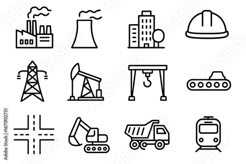 Industrial infrastructure line icon set with urban construction and transport elements, vector cartoon illustration collection with transparent background, ordered set