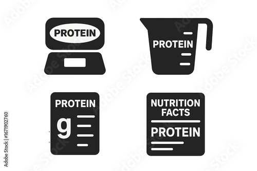 Protein measurement solid glyph icon set. Vector icons of food scale, measuring cup, grams and nutrition facts label. Concept for diet, fitness, health and supplements.