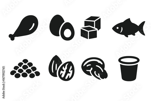 Protein sources icon set. Glyph pictograms of high-protein foods for nutrition, diet and fitness. Chicken, fish, eggs, tofu, nuts, lentils, yogurt. Vector symbols.