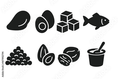 Protein source food icon set. Solid glyph vector collection of healthy nutrition foods for diet and fitness. Includes chicken, fish, egg, tofu, lentils, nuts and yogurt icons.