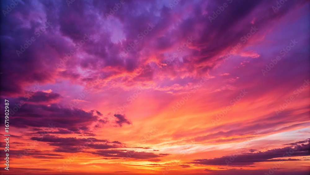 Obraz premium Fiery Sunset Sky with Vivid Purple and Orange Clouds image photo
