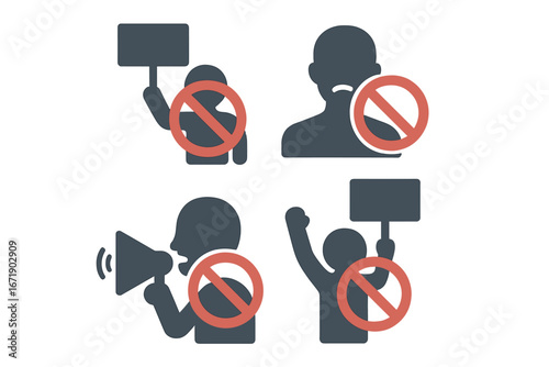 Protest suppression icon set. Concept of censorship, restricted freedom of speech, and expression. Ban on demonstrations and rallies. Silenced activist flat vector icons.