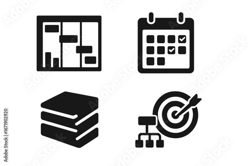 Project management icons set. Business plan solid glyphs. Gantt chart schedule, calendar tasks, document stack, goal target strategy. Workflow organization vector pictogram.