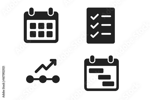 Project management solid glyph icon set for business planning and strategy. Vector symbols of calendar, task checklist, progress timeline graph, and Gantt chart for workflow.