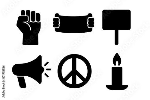 Protest and demonstration solid icon collection. Raised fist, banner, placard, megaphone, peace symbol, candle icons. For social justice, equality, activism and revolution.