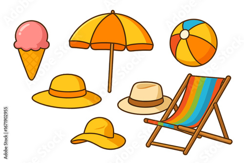 Bright colorful vector set of summer beach essentials including ice cream cone, sun hats, beach umbrella, beach ball, and striped lounge chair for perfect sunny day