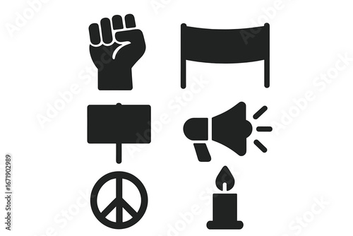 Protest and activism icon set. Raised fist, banner, placard, megaphone, peace symbol and candle vigil. Solidarity, revolution, human rights, riot and demonstration vector signs.