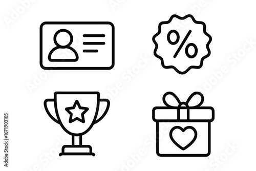 Loyalty program outline icon set including membership card, discount badge, reward trophy, and gift box in clean line style, vector cartoon illustration with transparent background