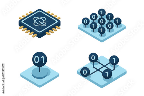 Quantum computing isometric icon set. Vector elements for cybersecurity, showing quantum processor chip, qubit array, binary data, and entanglement concept for future technology.