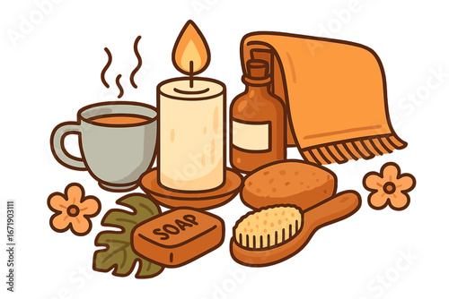 Relaxation and self-care items flat lay with steaming cup, candle, soap, brush, essential oil, towel, flowers, and leaves in cozy warm tones vector cartoon illustration