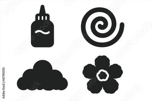 Puffy paint solid icon set. Craft and creative activity symbols. Includes glue bottle, swirl design, cloud shape, and flower. Vector glyphs for DIY art projects and hobbies.