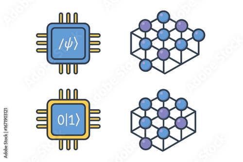Quantum computing icon set. Cybersecurity and quantum processor chip. Qubit array and quantum mechanics symbol. Future technology and innovation vector illustration concept.
