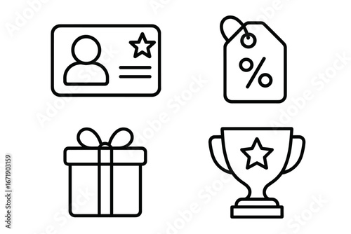 Loyalty program icons outline set, membership card, discount tag, reward gift box, winning trophy, customer benefits, marketing design elements, vector illustration