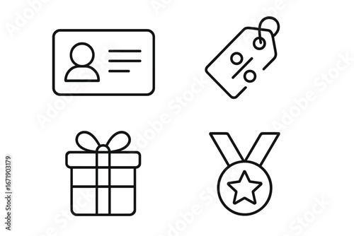 Loyalty program outline icon set including membership card, discount tag, gift box, and reward medal in clean line art style, vector cartoon illustration