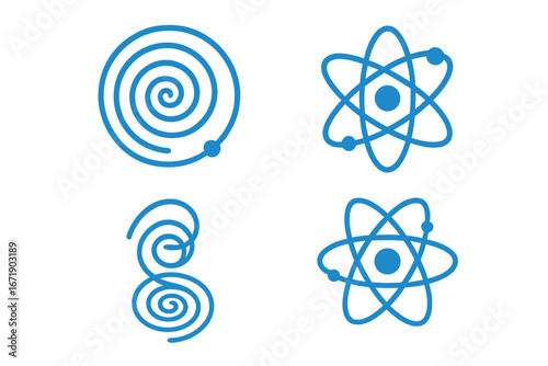 Quantum physics icon set. Atom, particle accelerator, and electron orbit symbols. Science and energy concept vector illustrations. Abstract molecular and nuclear structure graphics.