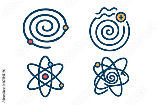 Quantum physics and energy icon set. Vector illustrations of atom, particle spirals, electron orbits, nucleus. Science and technology symbols for quantum mechanics research.
