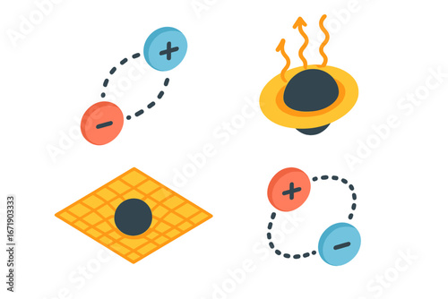 Quantum phenomena icon set. Isometric vector illustration of Hawking radiation, virtual particle pairs, spacetime curvature, and black hole event horizon. Physics science concept.