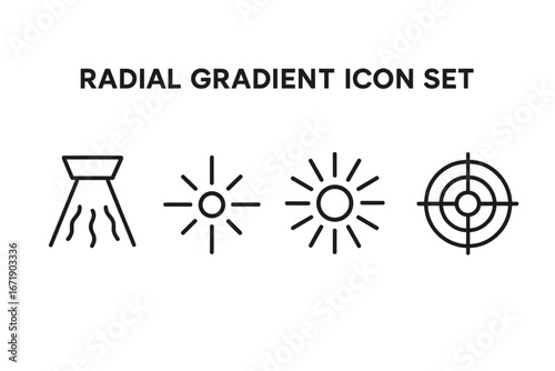Icon set of spotlight, sunburst, target. Vector outline symbols. Light beam, lens flare, starburst, bullseye. Concept of focus, goal, aim, success, idea, strategy, light.