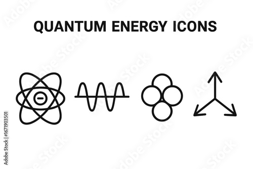 Quantum physics line icon set. Subatomic particles and quantum energy concepts. Vector icons of electron orbit, atom nucleus, photon wave and quark spin for science design.