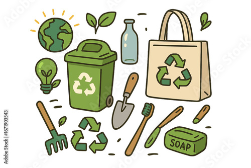 Recycling and sustainability concept with eco friendly items. Zero waste lifestyle collection. Vector icon set with planet earth, tote bag, recycling bin and toothbrush. Doodle cartoon.