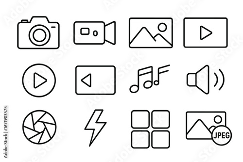 Photography and multimedia linear icon set with camera, video camera, play buttons, music notes, volume, flash, and JPEG image icons, transparent background vector illustration