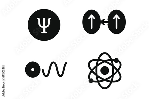 Quantum physics solid icon set. Vector glyphs for science and technology. Includes quantum state, entanglement, wave-particle duality, atom, psi symbol, and mechanics concepts.