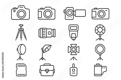 Photography equipment line icon set, cameras, tripods, lighting, flash, lenses, studio gear, photo gear icons, vector cartoon illustration with transparent background, ordered collection