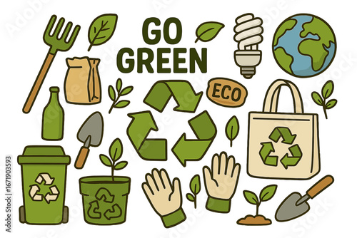 Go green concept with recycling and eco friendly items. Sustainability and environmental awareness cartoon vector icons set. Ecology, zero waste and planet protection elements.