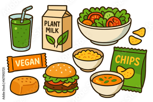 Colorful plant-based food items collection including healthy beverages, snacks, vegan burger, salad, soup, plant milk and chips, cartoon vector illustration with transparent background
