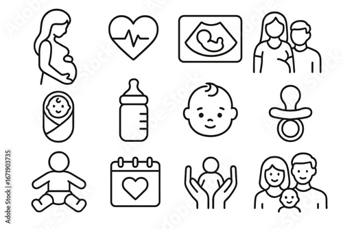 Pregnancy and family linear icon set, healthcare and parenthood symbols, baby outline vector icons, newborn care, maternity and ultrasound illustration, transparent background