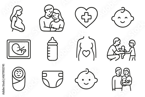 Pregnancy and Family Linear Icon Set, Healthcare and Parenthood Symbols, Baby Outline Vector Icons Collection, Maternity and Infant Care, Parenthood and Family Love Illustration