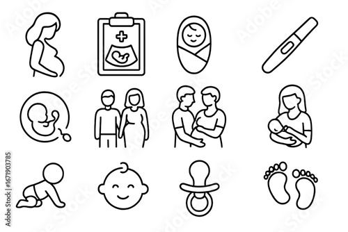 Pregnancy and Family Linear Icon Set, Healthcare and Parenthood Symbols, Baby Outline Icons, Newborn and Maternity Vector Cartoon Illustration with Transparent Background, Ordered Set