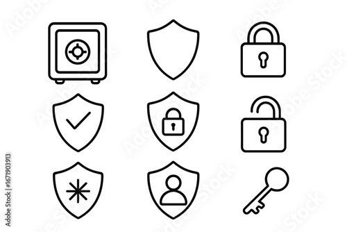 Security and protection line icon set with safe, shield, lock, key, and user symbols, vector cartoon illustration, outline icons collection, transparent background, ordered set