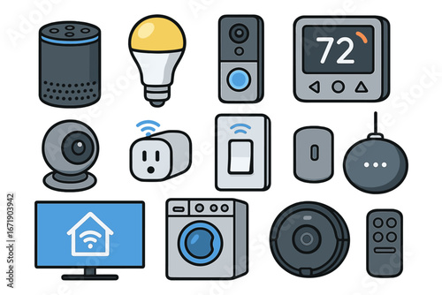 Smart home devices icon set. IoT technology and home automation concept. Vector collection of smart appliances like speaker, camera, thermostat, robot vacuum and lightbulb.