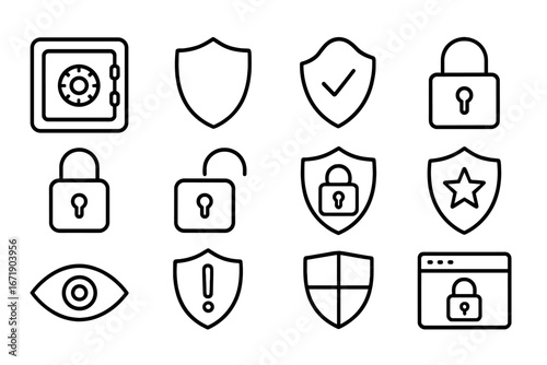 Security and Protection Icon Set with Safe and Shield Outline Symbols, Vector Cartoon Illustration Collection of Lock, Eye, and Shield Icons, Transparent Background, Ordered Set 2