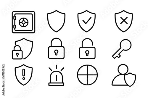 Security and protection icon set with safe, shield, lock, key, alert, and user security symbols, outline vector collection with transparent background, safety and privacy concepts
