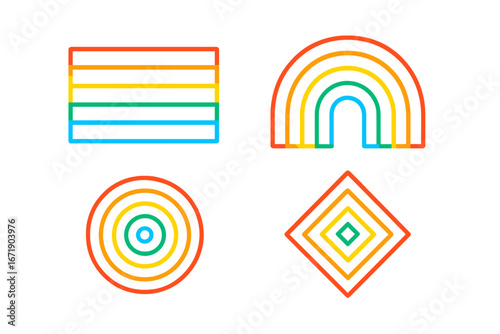 Set of rainbow geometric icons. Abstract line art symbols for pride and LGBTQ concepts. Colorful vector logo elements like stripes, arc, circle, and rhombus for graphic design.