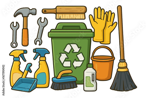 Vector cartoon set of cleaning supplies and tools. Housekeeping, spring cleaning, maintenance, repair, and recycling concept. Broom, hammer, spray, bin, gloves illustration.