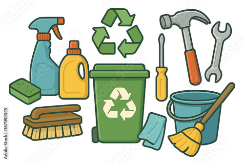 Cleaning supplies and repair tools set. Household maintenance and recycling concept. Eco friendly spring cleaning. Vector cartoon illustration of broom, hammer, spray and bin.