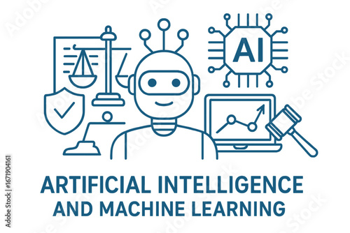 Artificial intelligence in law, justice. AI and machine learning for legal tech. Robot with gavel, scales. Concept for ethical regulation, data analytics and compliance.