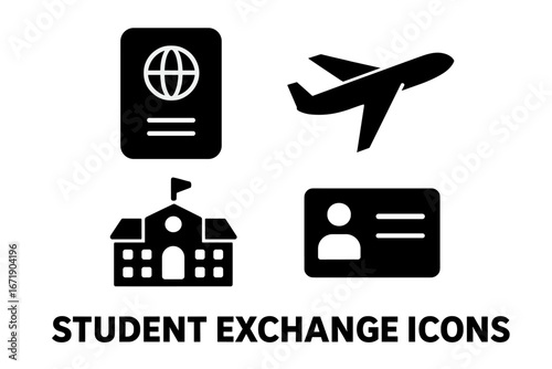 Student exchange program solid icon set. International education and study abroad concept. Vector icons of passport, airplane, school, and student ID for global learning.