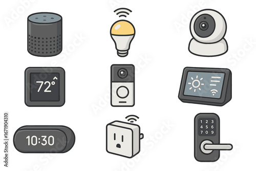 Smart Home Devices with Various Functionalities in Grid Layout, Modern Technology Vector Cartoon Illustration, Wireless Automation, Home Security, and Control Systems