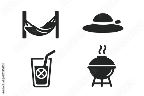 Summer relaxation icon set. Outdoor leisure and vacation symbols. Hammock for rest, sun hat for protection, cold lemonade drink, and barbecue grill for a picnic or garden party.