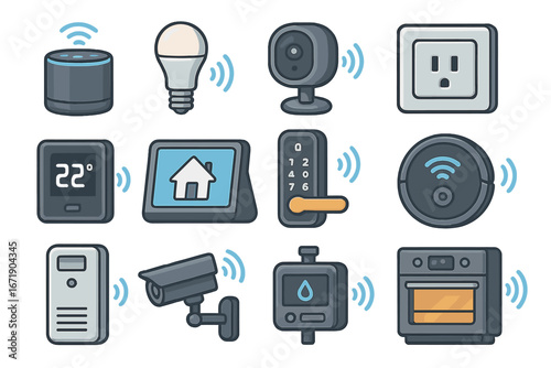 Smart home devices with various functionalities, modern technology gadgets for home automation, IoT connected appliances grid, vector cartoon illustration