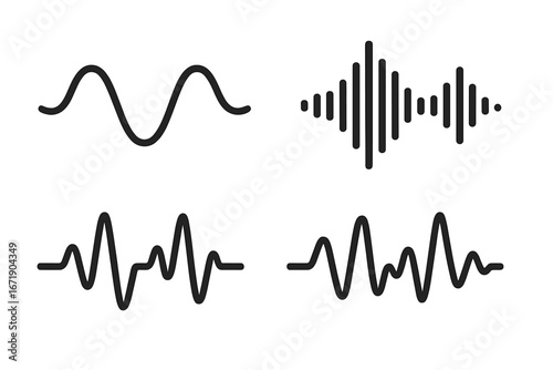 Sound wave icon set. Audio signal waveform, music pulse, and voice frequency visualization. Radio wave, podcast equalizer, and sound vibration graph. Minimalist vector line art.
