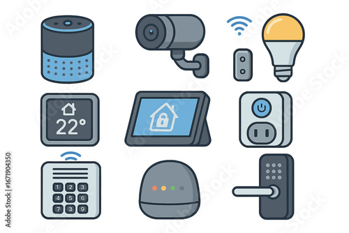 Smart Home Devices with Various Functionalities in a Grid Layout, Modern Technology Vector Cartoon Illustration with Transparent Background